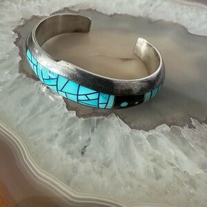 Navajo silver turquoise stone inlay cuff bracelet signed Jim Harrison